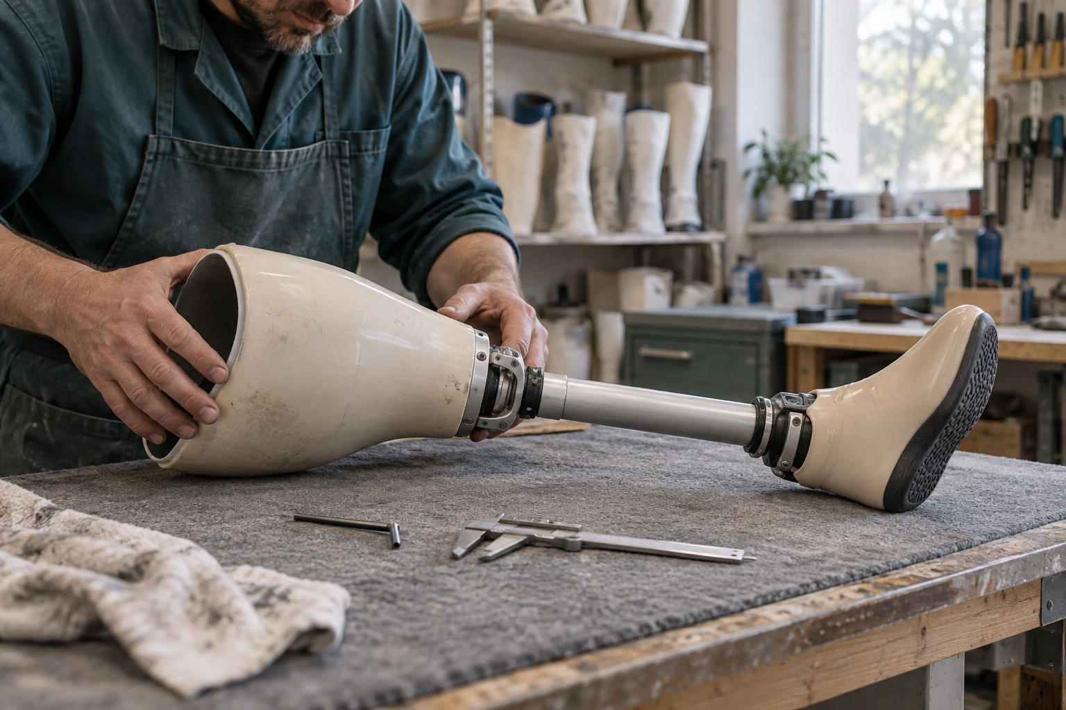 Orthopädietechnik: Prüfung einer Unterschenkelprothese am Arbeitstisch