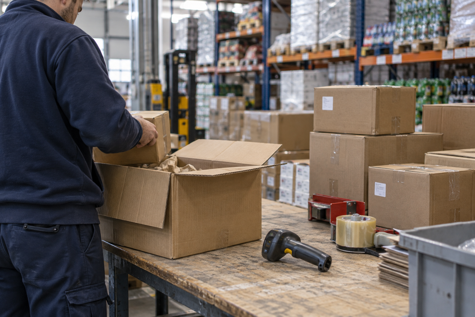 Kommissionierung: Versandkartons und Scanner am Packtisch